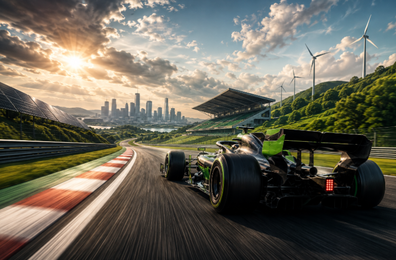 Formule 1 auto op baan met duurzame futuristische achtergrond